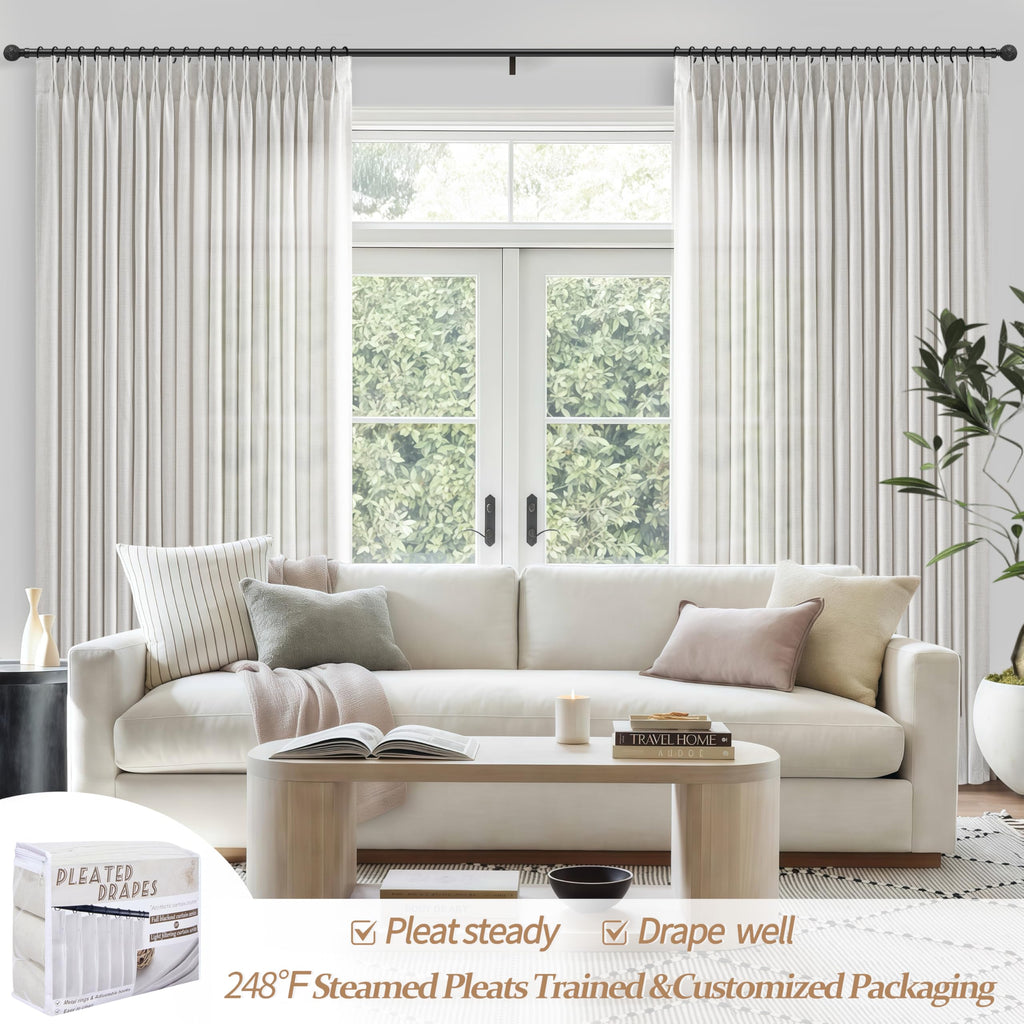 Memory Trained Pinch Pleat 60 Inch Wide Room Divider Curtains 102 Inches Long, Off White Light Filtering Linen Semi