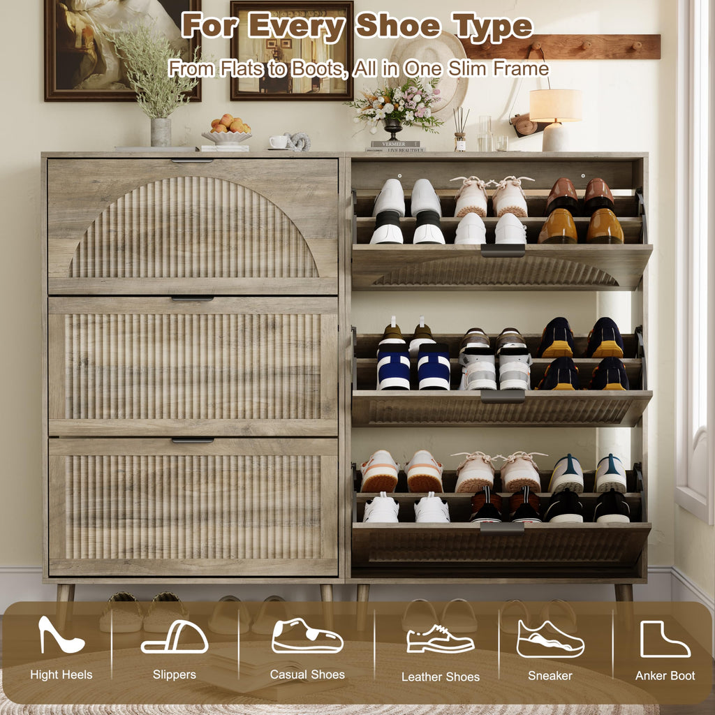Shoe Storage Cabinet with 3 Flip Drawers, Narrow Wood Shoe Organizer Cabinet with Fluted Panel, Slim Shoe Rack