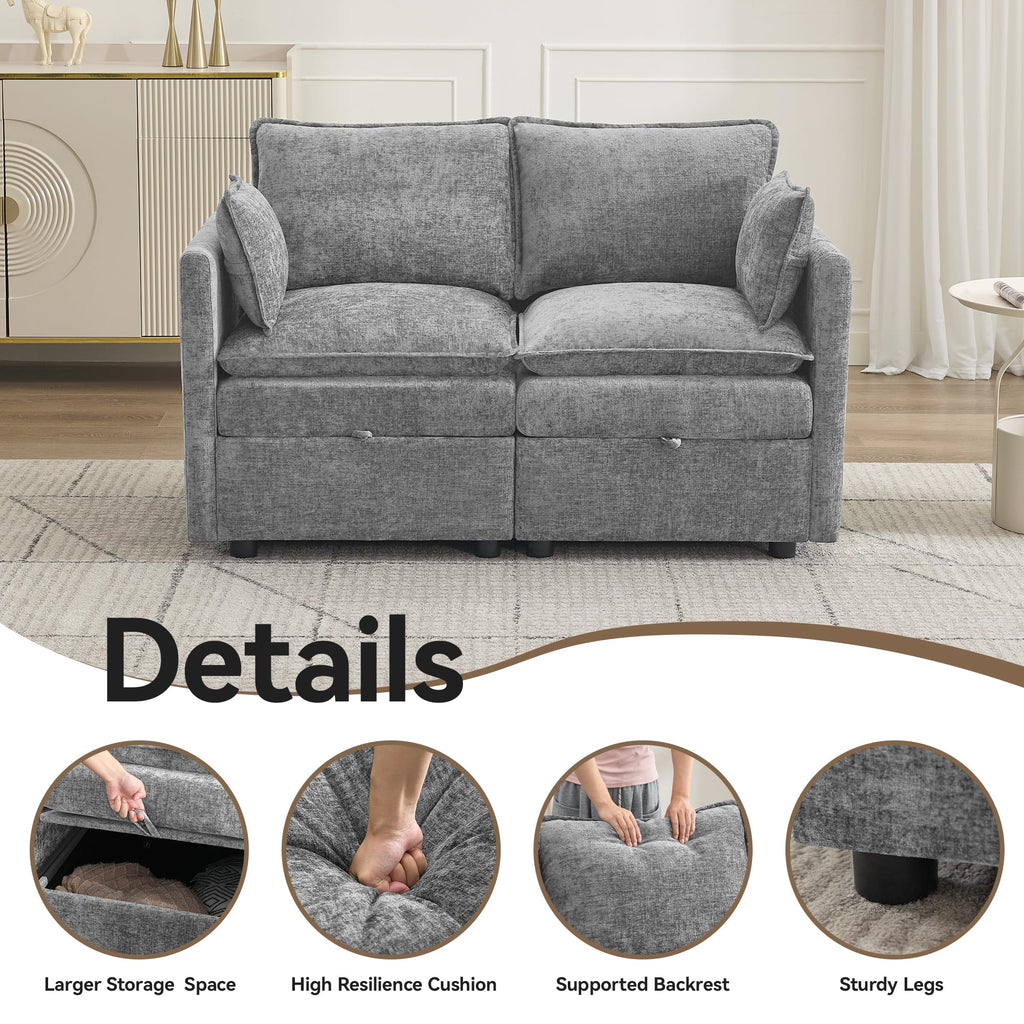 55" Cloud Modular Loveseat Sofa with Storage, Modern Upholstered Sofa Couch Small Love Seat, 2 Seater Chenille Comfy
