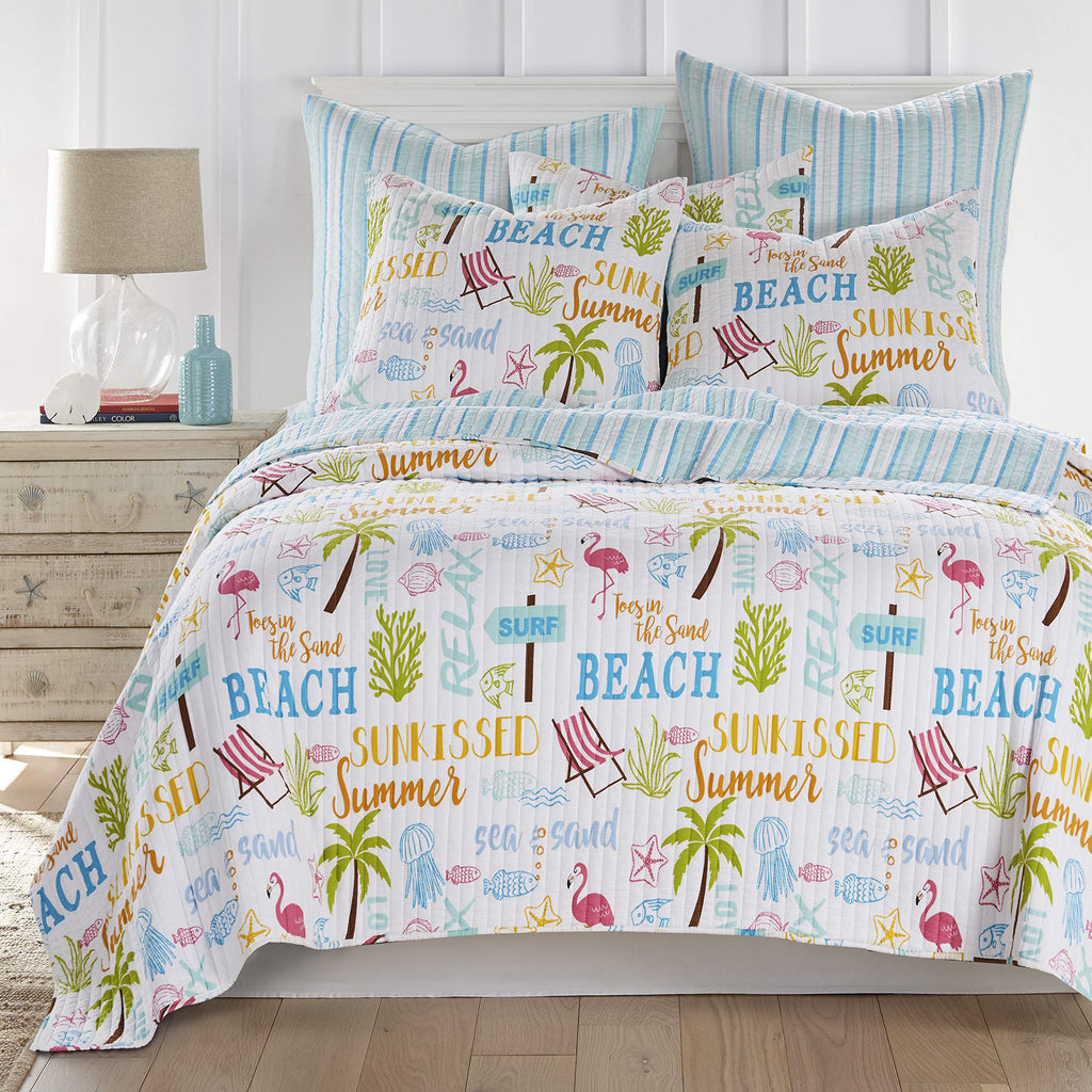 By - Beach Days Quilt Set - King Quilt (106x92in.) + Two King Pillow Shams (36x20in.) - Coastal Beach - Teal Blue