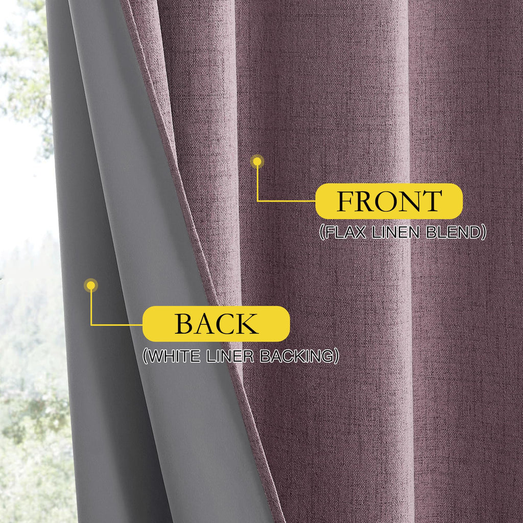 Chaise Mauve Vintage Linen 100% Blackout Curtains, Thermal Insulated Curtains 95" Long, Noise Reducing Window