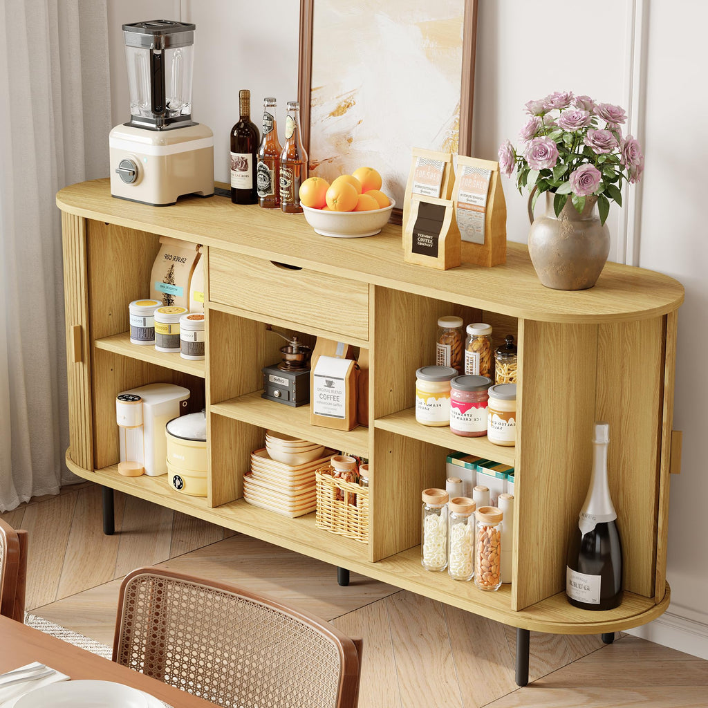 63" Sideboard Buffet Cabinet with Storage Drawer & Shelves, Oak