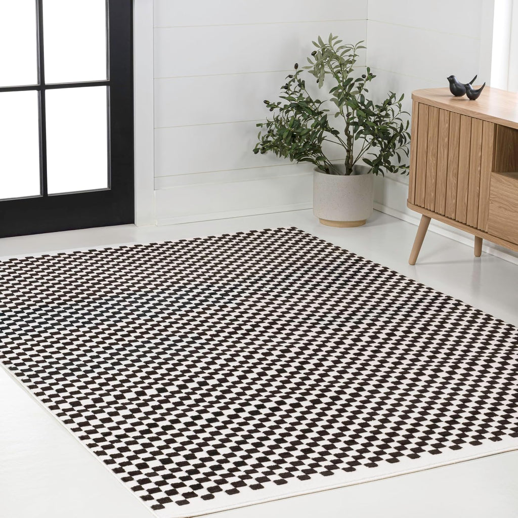 Finn High-Low Checkered Monotone Black/White Indoor Area Rug, Modern Minimalist, Non-Shedding, Stain Resistant