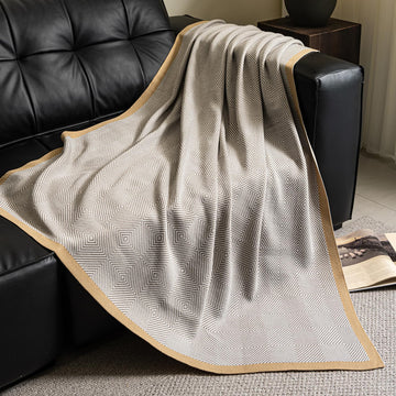Geometric Woven Throw Blanket with Gold Trim for Sofa Bed Couch