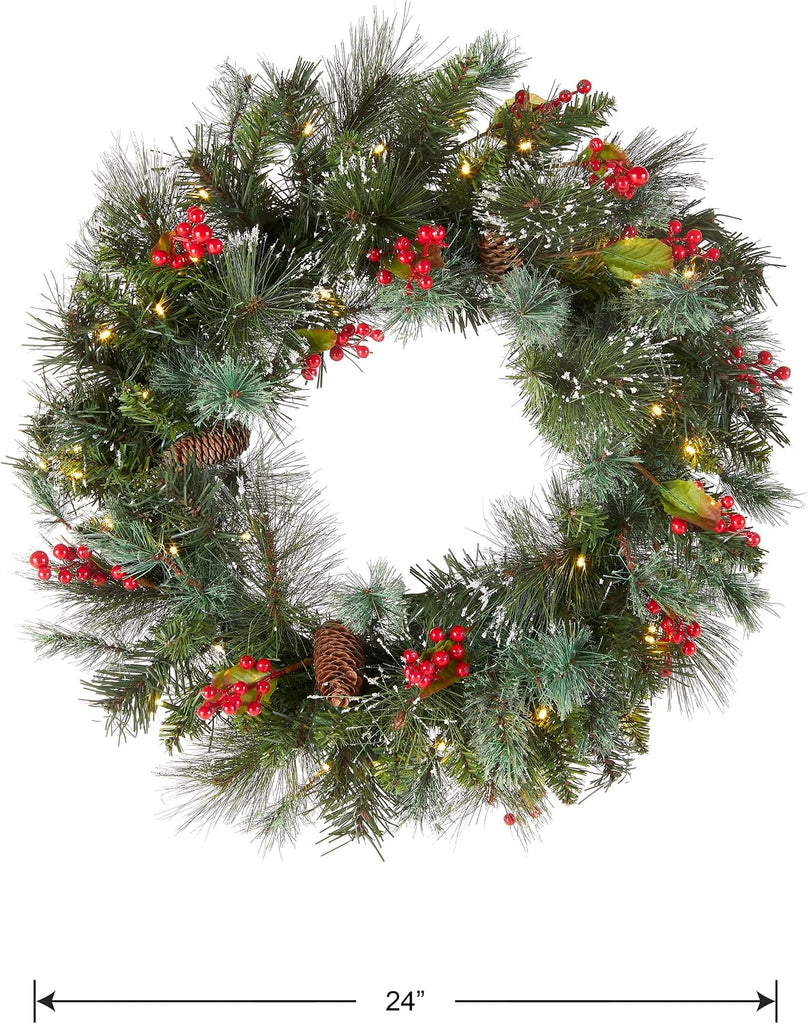 Tree Company 24in Pre-Lit Wintry Pine Flocked Christmas Wreath | 50 Warm White LED Lights, 113 Tips, Artificial
