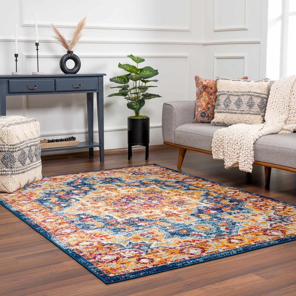 Istanbul Collection Medallion Large Area Rug Bedroom - Traditional Oriental Style - Vintage Distressed - Blue