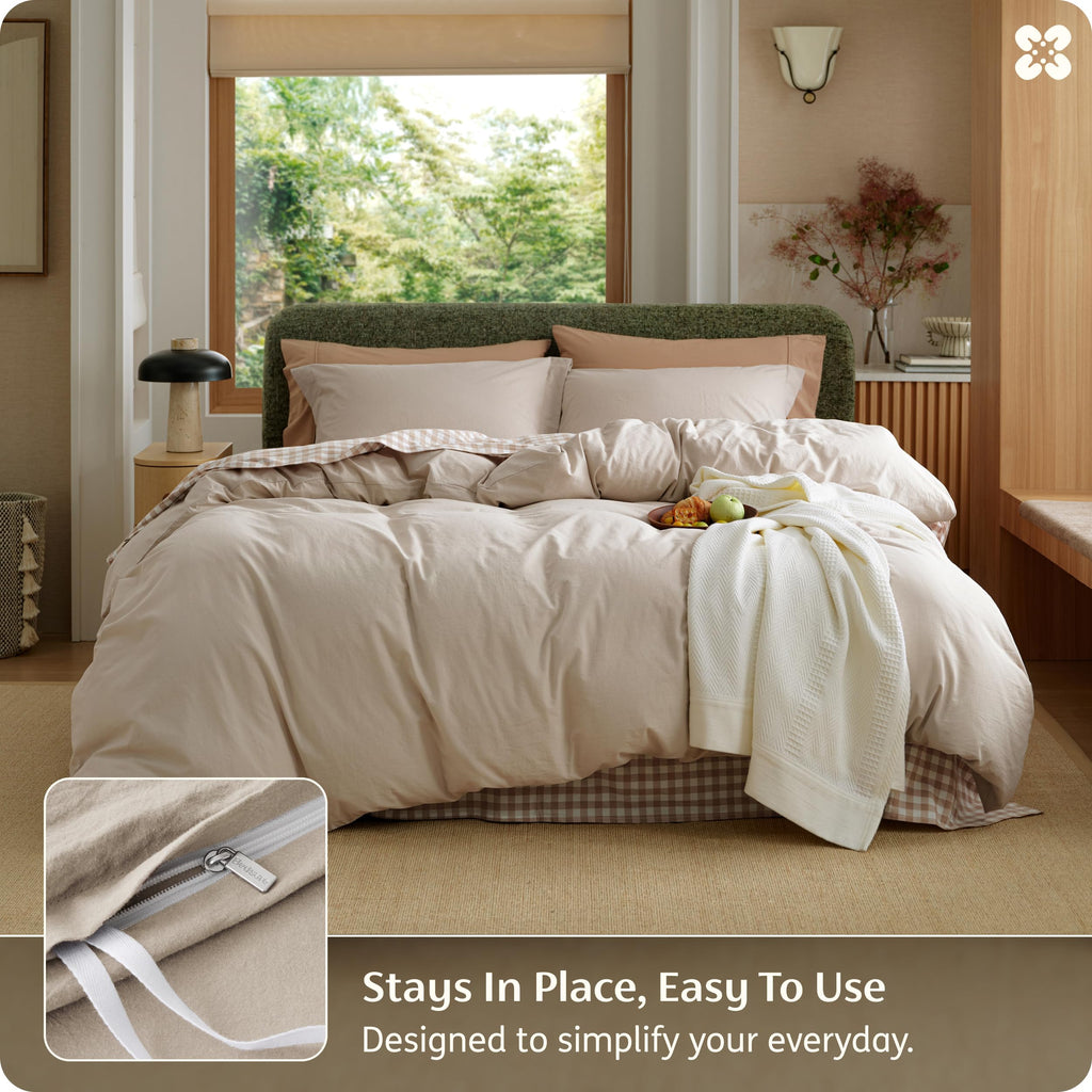 PureWoven 100% Washed Cotton Duvet Cover Set Queen, Oatmeal