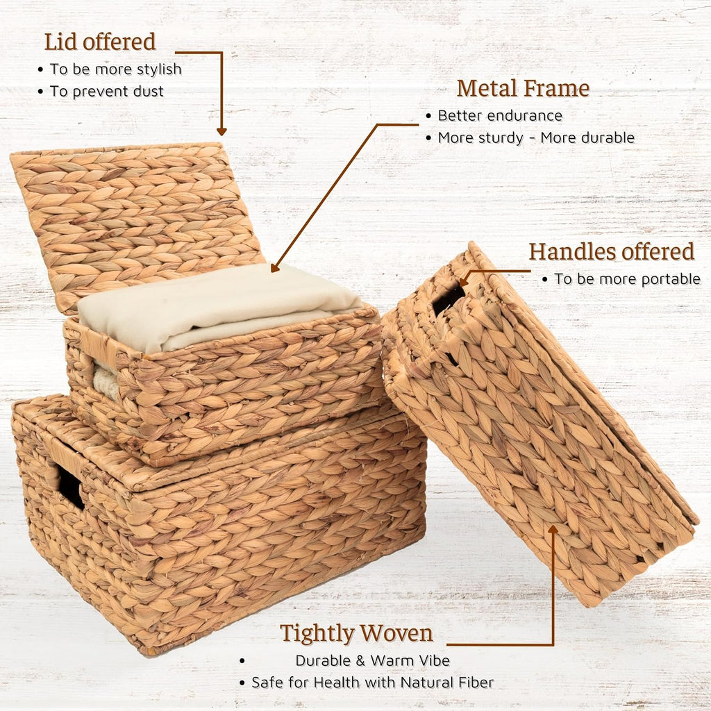 Set of 3 Wicker Baskets with Lid - Woven Storage Basket with Lid - Decorative Storage Boxes and Shelves