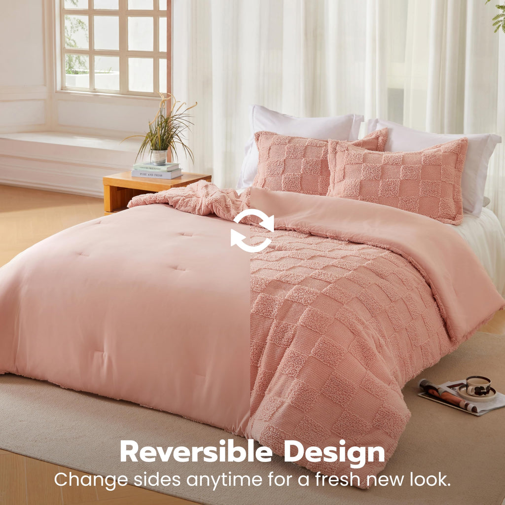 Comforter Set, 2 Pieces Coral Pink Boho Bedding Set with 1 Plaid Geometric Comforter and 1 Pillow Sham