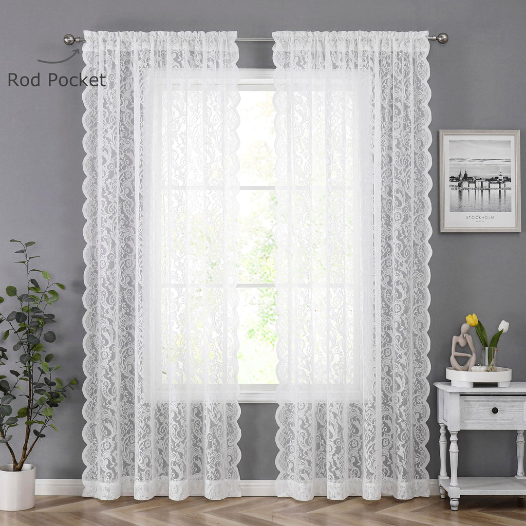 White Sheer Lace Curtains 54 inch Vintage Floral Short Curtain Panels Living Room Bedroom Light Filtering White