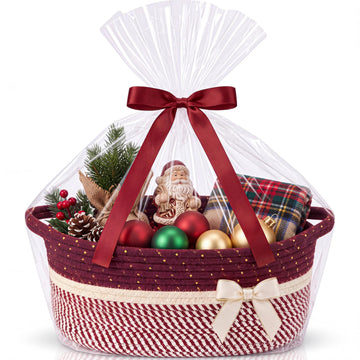 Woven Christmas Gift Basket Empty, Burgundy, White