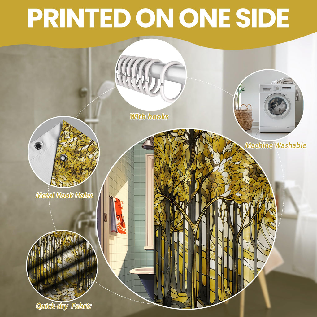 Yellow and Gray Stained Glass Mustard Yellow and Grey Farmhouse Garden Shower Curtains for Botanical Bathroom Decor