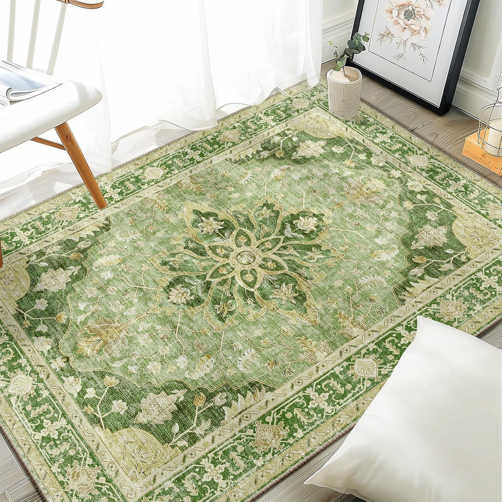 Area Rugs Washable Non-Slip, Floral Vintage Distress Print Pattern Medallion Carpet for Living Room Bedroom