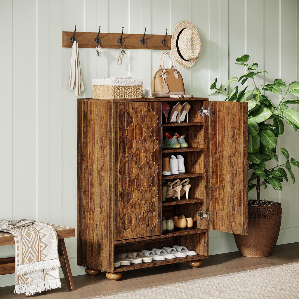 Shoe Cabinet, Farmhouse Tall Shoe Cabinet with Doors and Adjustable Shelves, Solid Wood Shoes Storage, Foyer