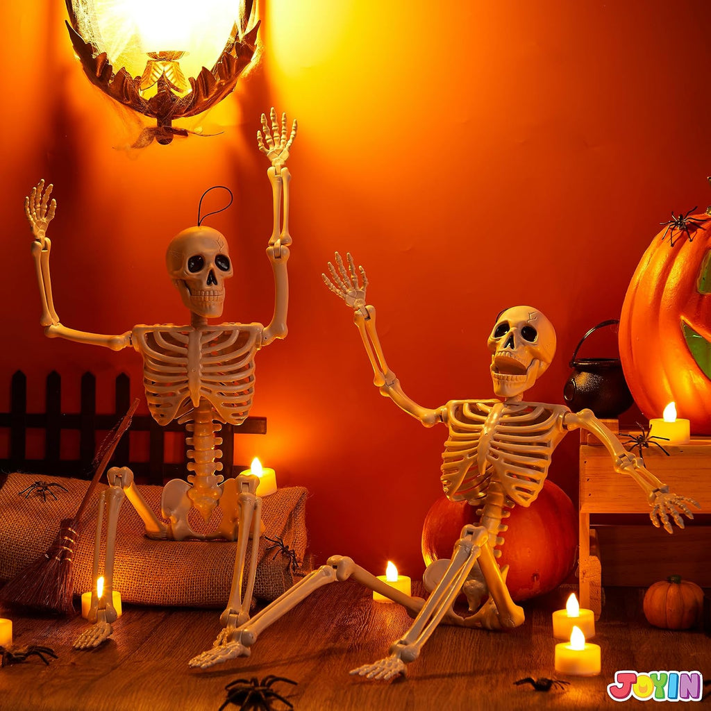 24" Halloween Skeleton Decor, 2 FT Full Body Stayable Posable Skeletons for Halloween, Yellow Human Plastic - Set of 2