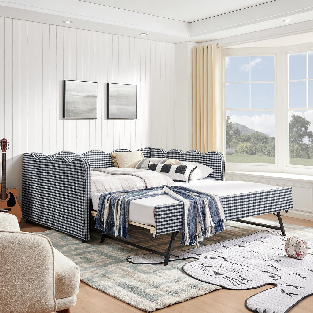 Full Size Upholstery Daybed with Trundle and USB, Full to King Design Adorable Wave Shaped Extendable Linen Sofa Bed