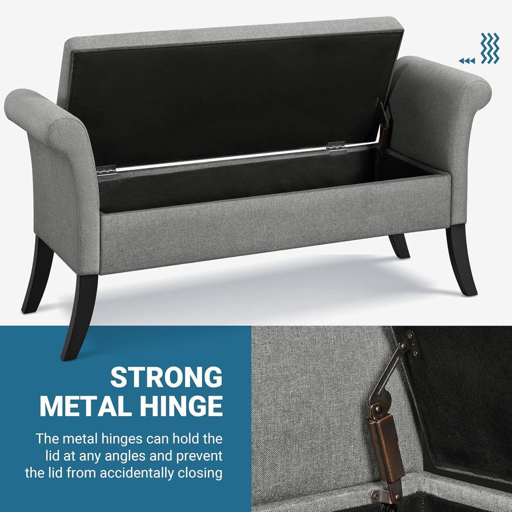 52in Rolled Arm Storage Ottoman Bench , Light Gray | Button-Tufted Bench Seat with 1.9C Storage Space, Rolled Arms