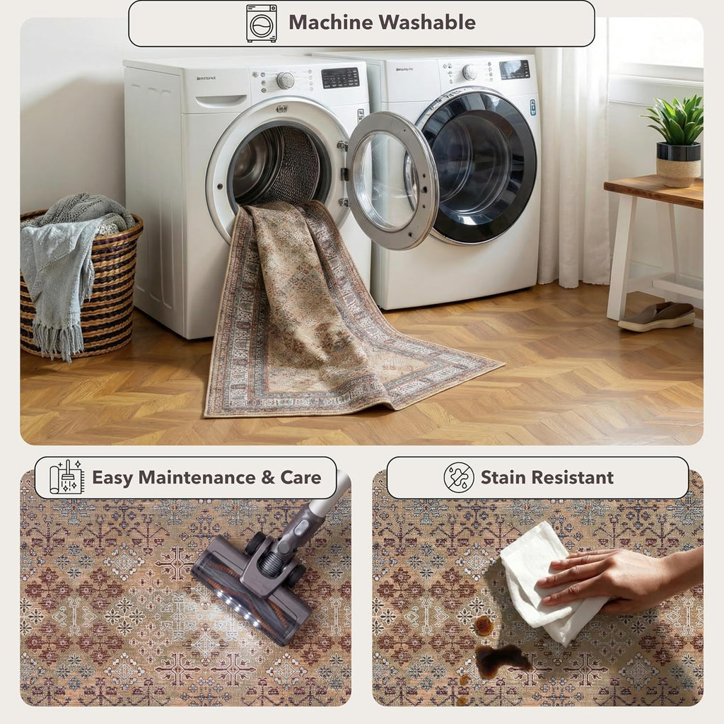 9x12 Large Area Rug, Machine Washable Area Rug with Non-Slip Backing, Vintage Style, Soft, Easy Clea