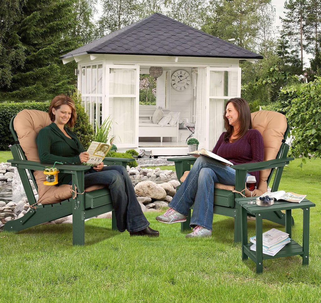 Folding Adirondack Chairs Set of 2 with Cushion with Cup Holder, HDPE Plastic Oversized Patio Chair Weather