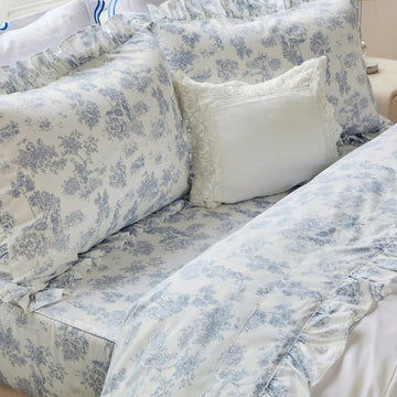 Organic Cotton Sheet Set - French Country Blue Toile de Jouy Bedding, Luxury Ruffle Edge Crisp & Cooling