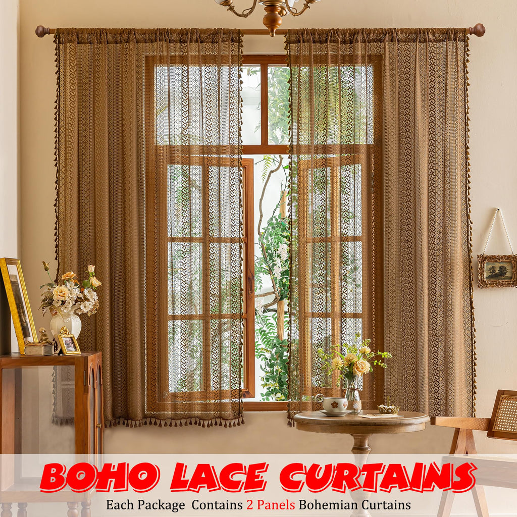 Boho Curtains 2 Panels Nursery, Lace Curtains Bohemian Semi Sheer Farmhouse Crochet Privacy Vintage Tassels Taupe
