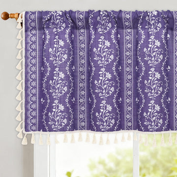 Boho Valance Curtains Vintage Linen Kitchen Valances for Windows Light Filtering Bohemian Floral Valance Rod Pocket
