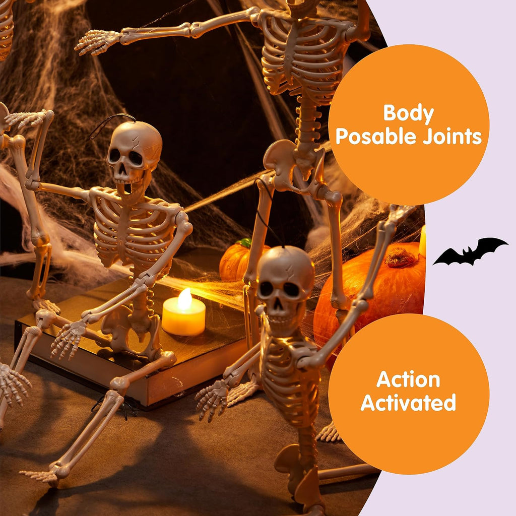 Posable Halloween Skeleton Decor 16 Inches, Full Body Posable Joints Hanging Skeletons for Halloween - Set of 5