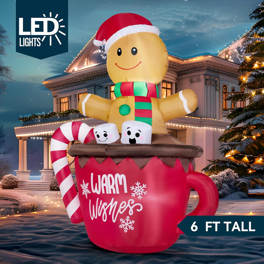 6 FT Christmas Inflatables Gingerbread Outdoor Decorations, Gingerbread Man in Hot Cocoa Mug with LEDs, Cute