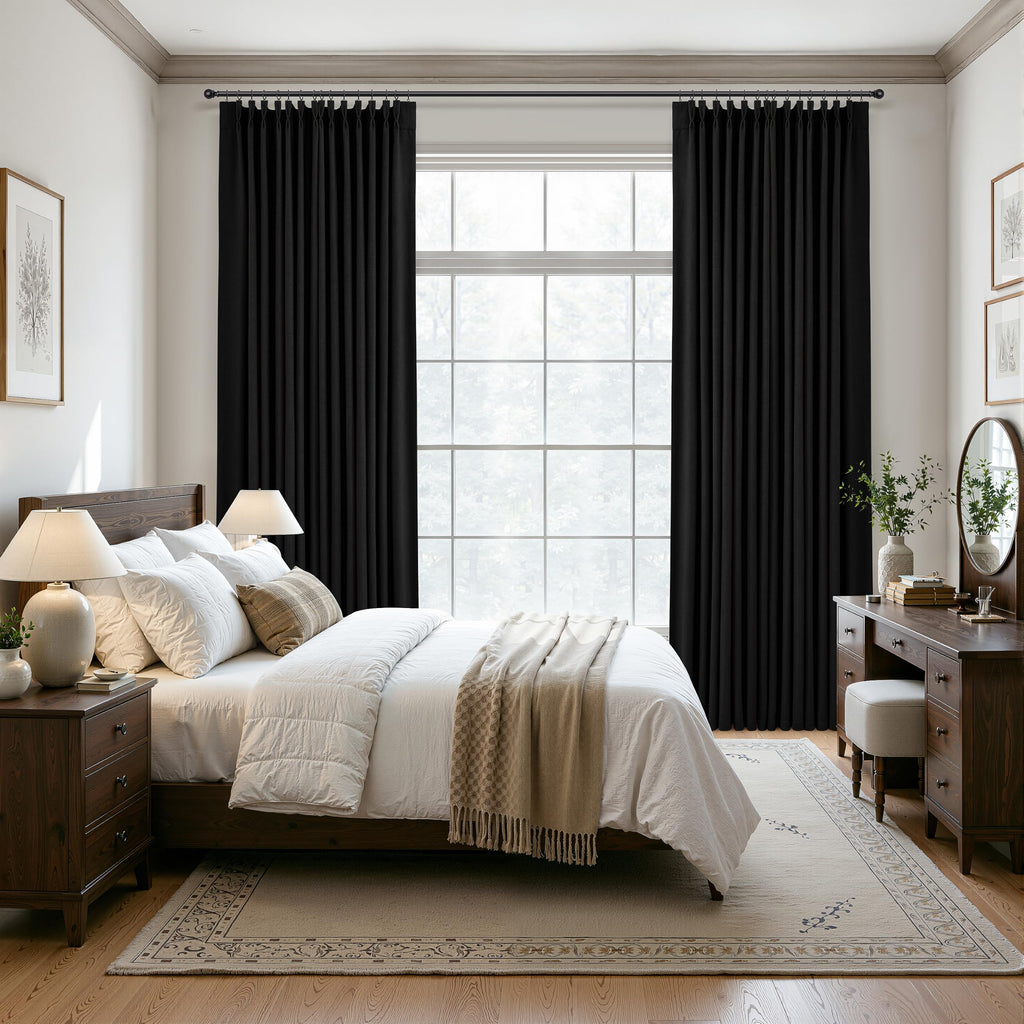 Black Pinch Pleated Linen Blackout Curtains 84 inch Long 2 Panels