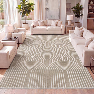 Art Deco Striped Arches Indoor Area Rug Beige/Cream, Ariana MidCentury High-Low Two-Tone, Easy-Cleaning