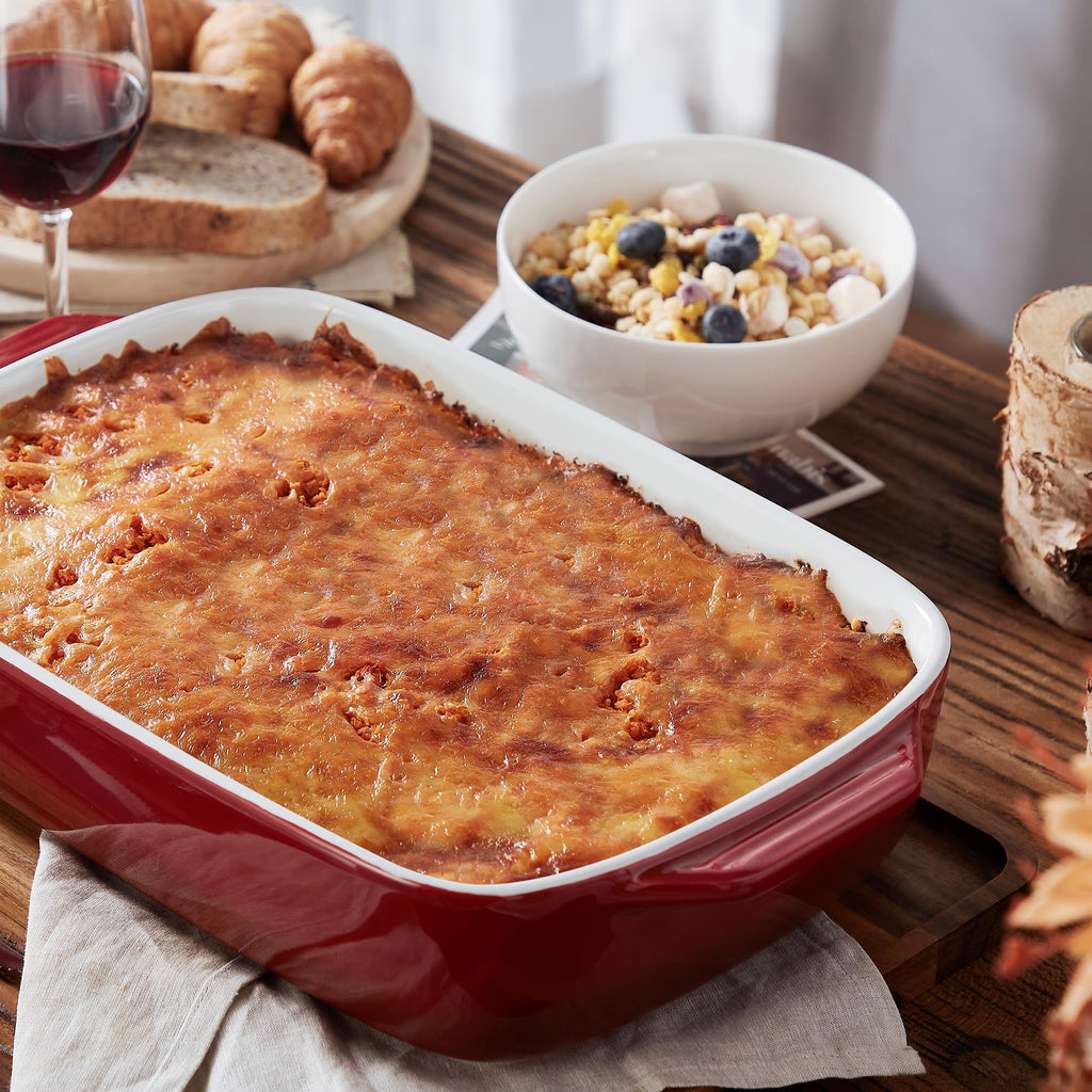 Large Ceramic Casserole Dish with Lid, 4 QT Baking Dish, Red
