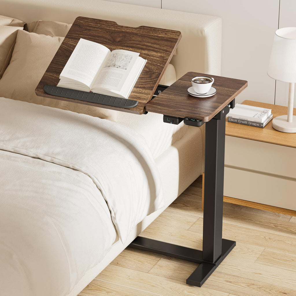 Small Electric Standing Desk, Overbed Table Wireless Tilt Top with Hidden Wheels, 27.6×15.8 Inch Adjustable Rolling