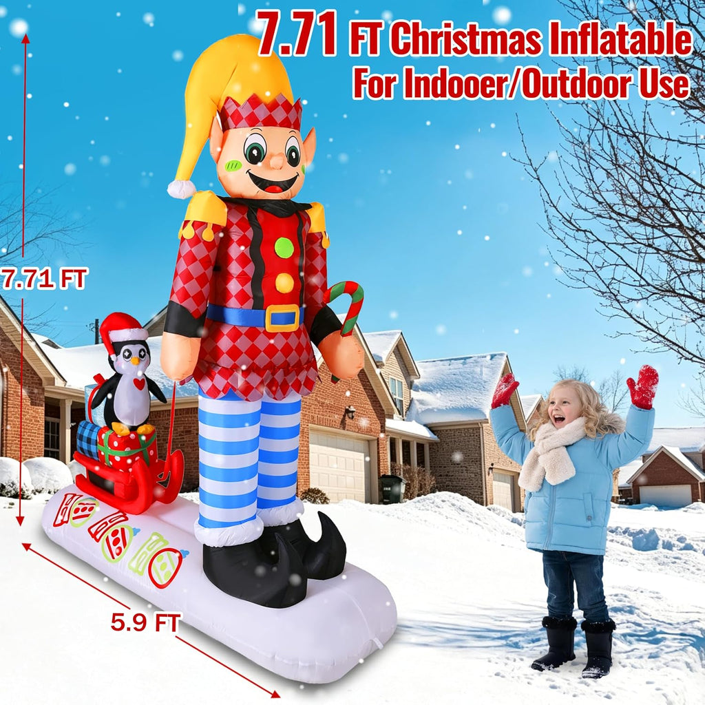 8FT Christmas Inflatables Solider with Pinguin on Sled, Giant Christmas Outdoor Decor Bulit-in LED Lights, Blow Up