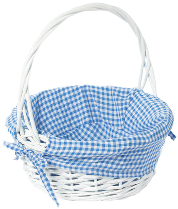 Wicker Gift Basket with Handle and Liner, 11 Inch White Willow Round Basket with Blue Gingham Liner for Easter