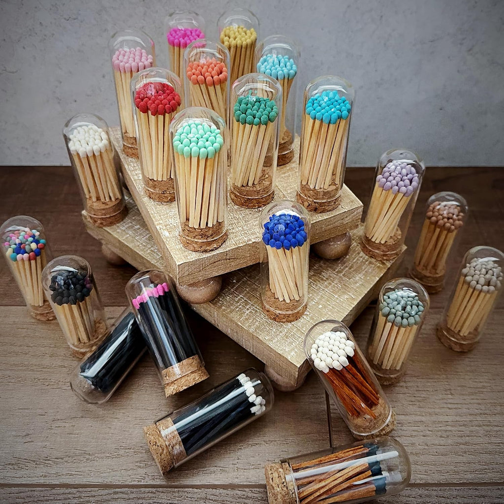 2" Espresso Matches in 3 Mini Cloche Jars + Striker Stickers Included | 100 Brown Stick Black Tip Decorative Matches