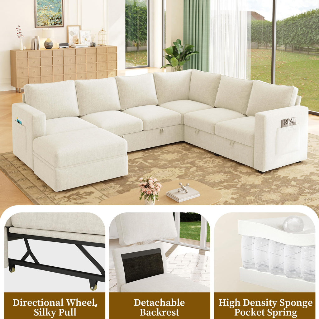 106.7" U-Shaped Modular Sectional Sofa with Pull-Out Bed & Storage, Modern 7-Seat Convertible Couch, Comfy L-Shape