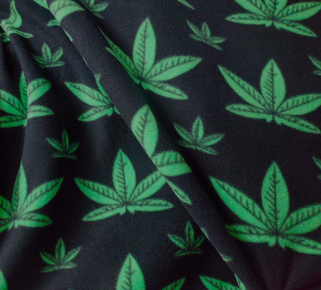 Marijuana Leaves Fleece Black/Green Leaves Sold by Yard