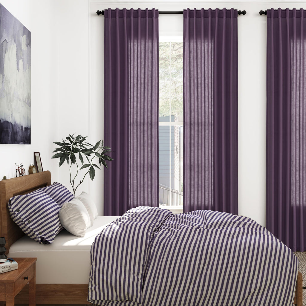 Plum Linen Curtains 102 Inches Long Rod Pocket Back Tab Drapes 2 Panels Set Sheer Light Filtering Semi Sheer Plum