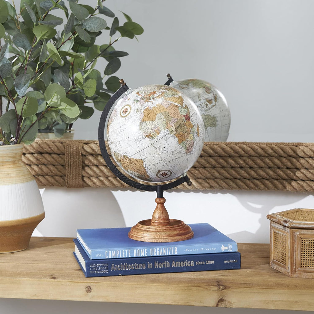 Mango Wood Globe with Wood Base, 9" x 8" x 13", Brown
