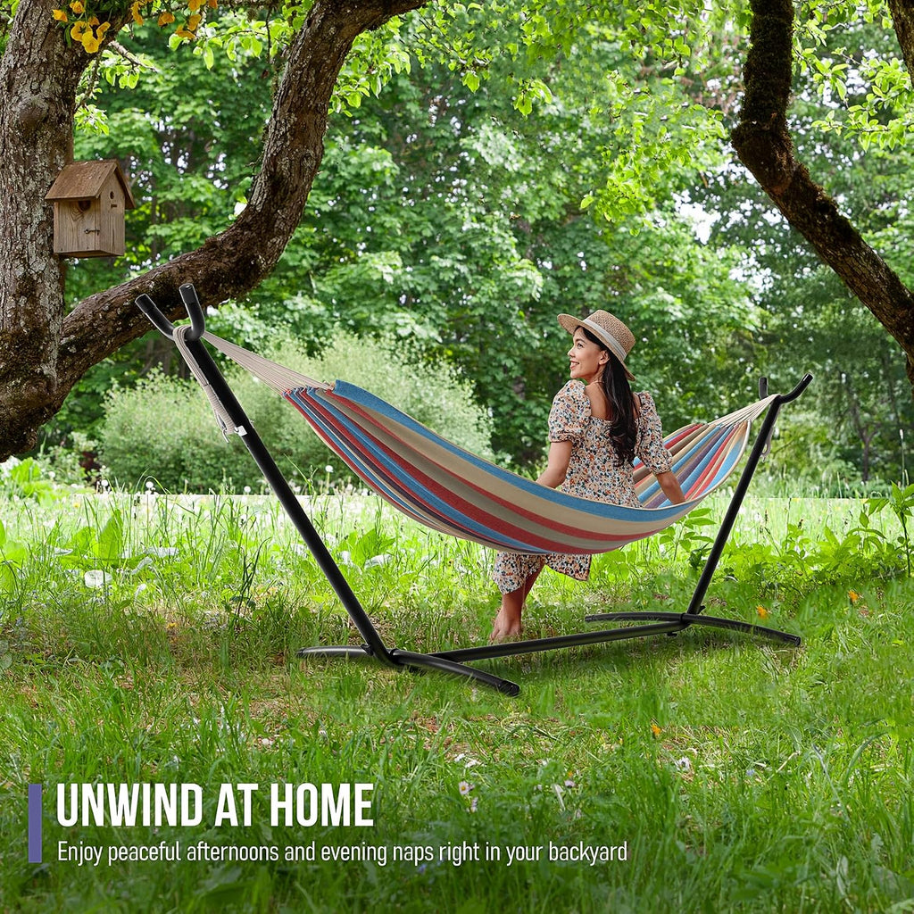 2-Person Luxury Hammock with Steel Stand- Premium Cotton Blend 60" Large Bed- Heavy Duty 450lbs Portable w/Carrying