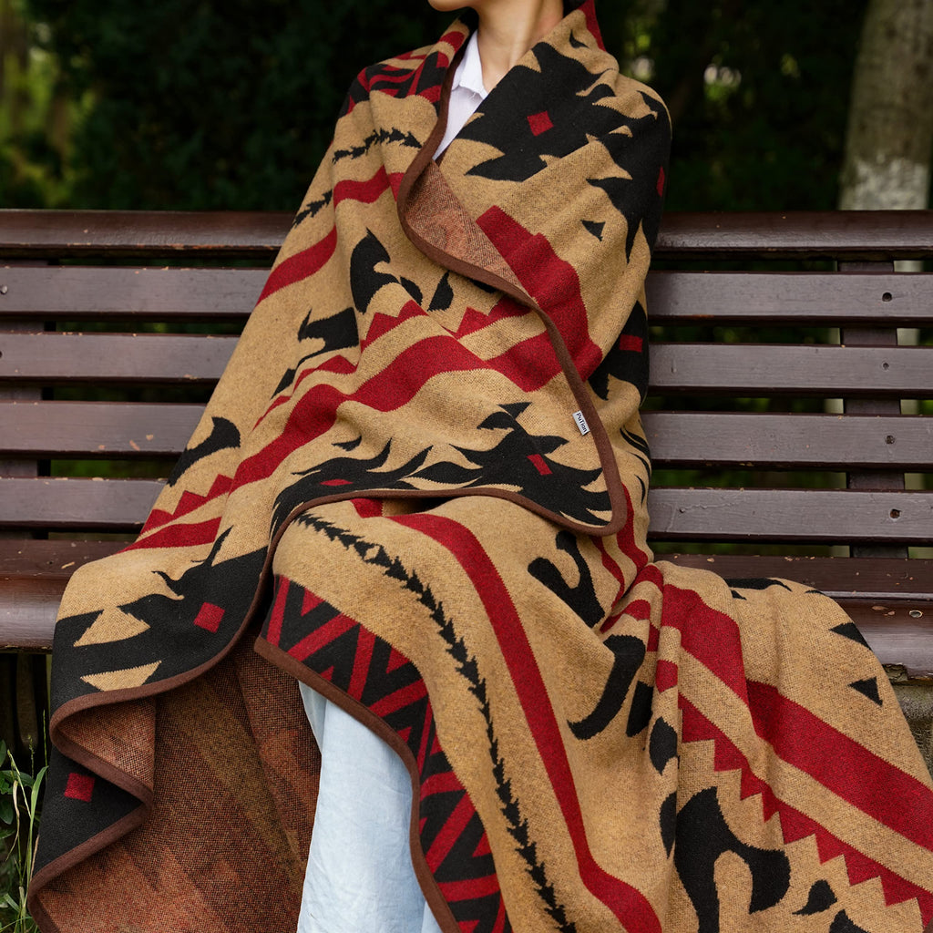 Merino Wool Blanket for Camping, 87" x 63", Kaki Flame
