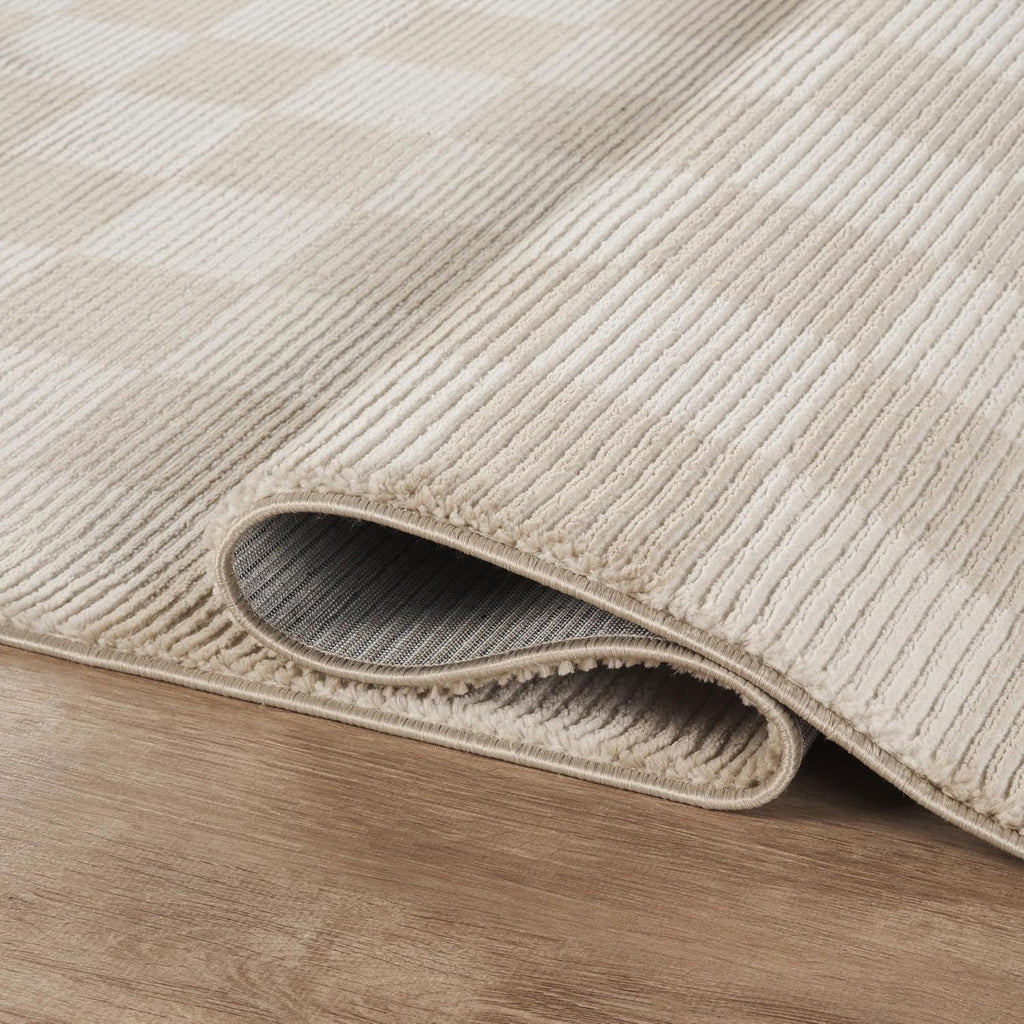 Plush Deco Collection Cream Area Rug - Checkered Pattern, Machine Washable, Non-Shedding, Easy to Clean