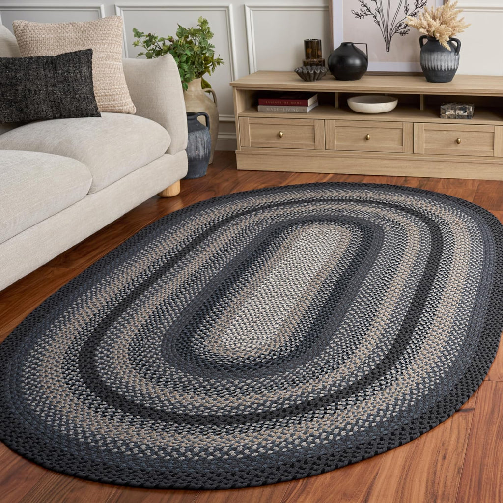 Braided Oval Rug, Dark Grey & Blue BRD651H