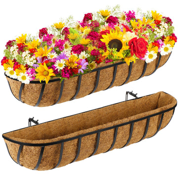 2 Pieces Railing Planter Boxes, 36 Inches Window Box Planters with Coco Liner and Adjustable Brackets for Deck Porch