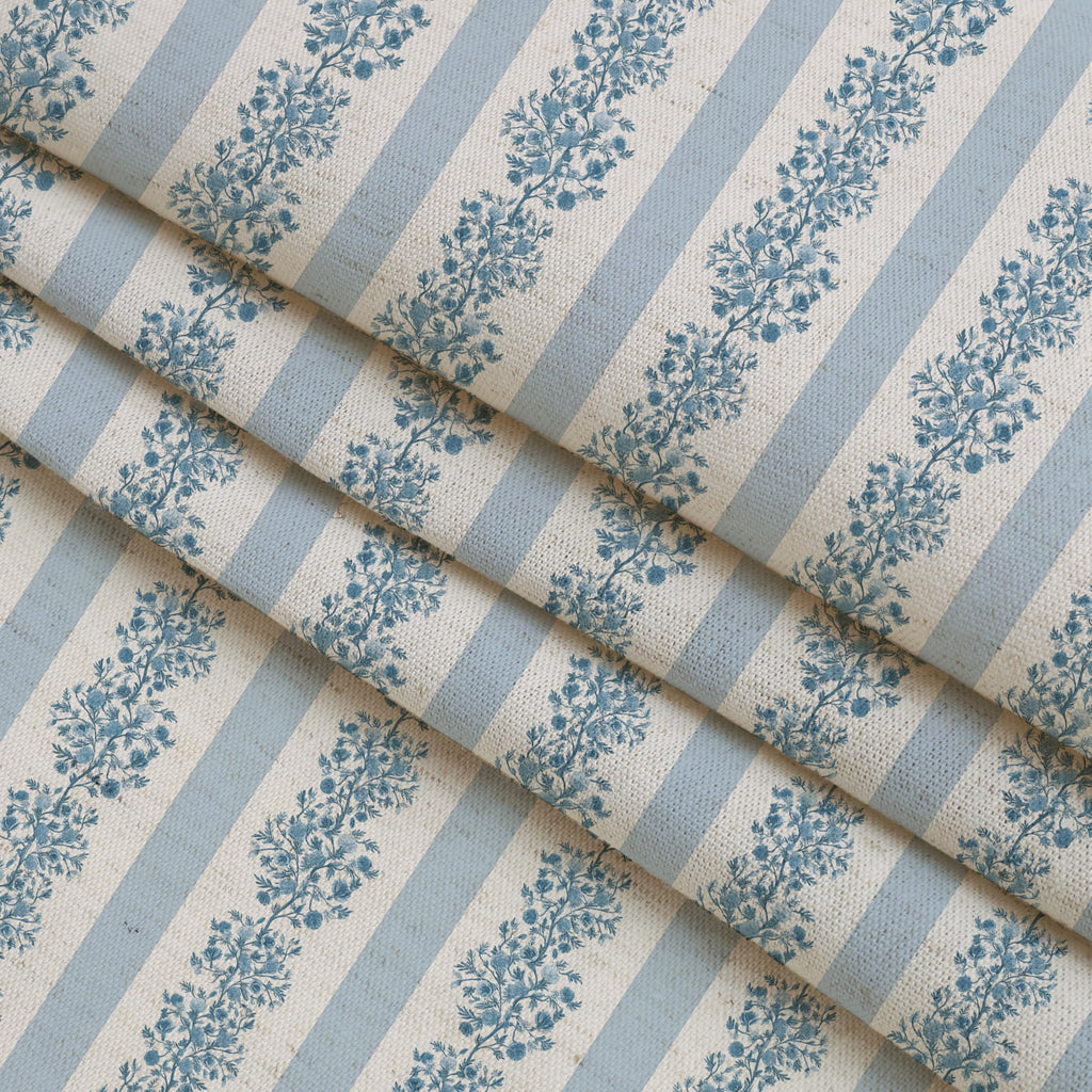 Blue Stripe Linen Textured Ruffle Shower Curtain - Vintage Floral Block Print, Boho Cottagecore Farmhouse French