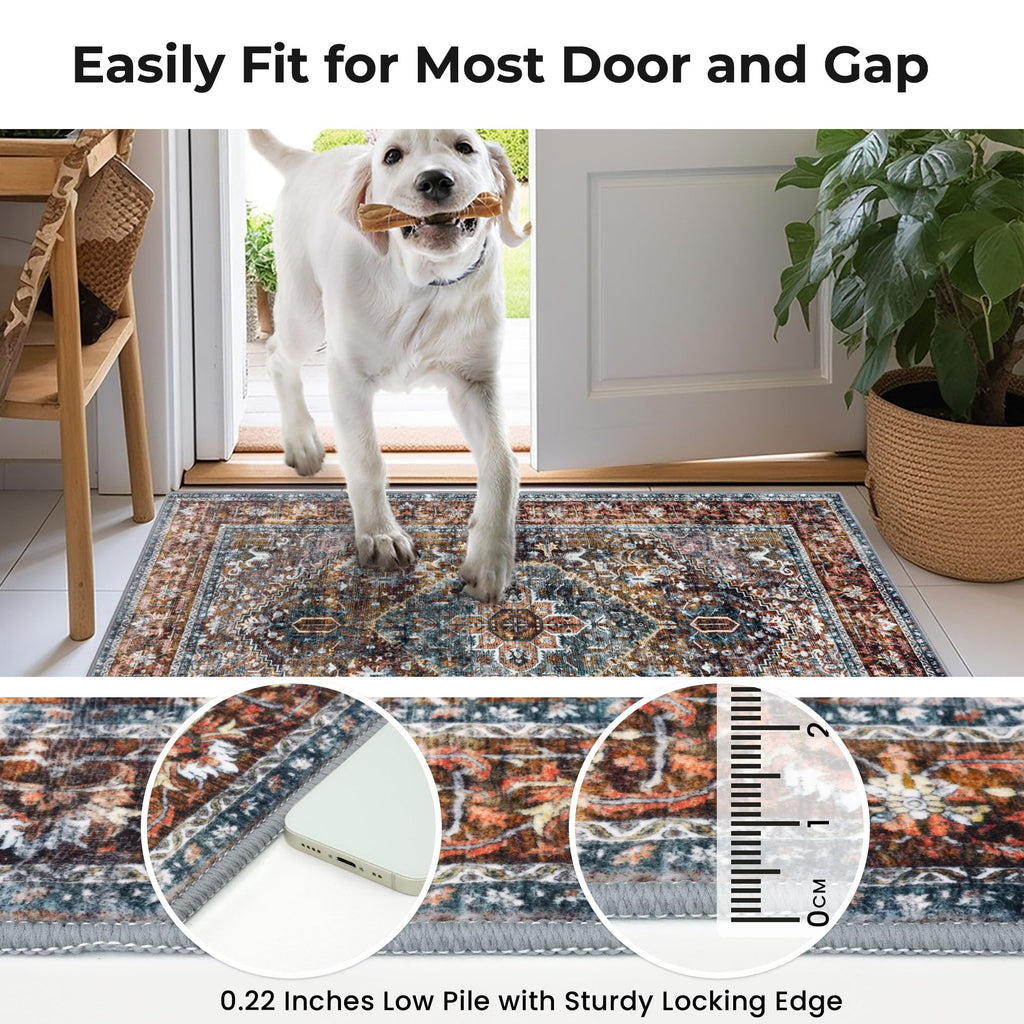 Area Rug 3x14 Ft Washable Boho Runner Rug Hallway Indoor Printed Faux Wool Carpet Bedroom Hall, Brick Red/Orange/Green