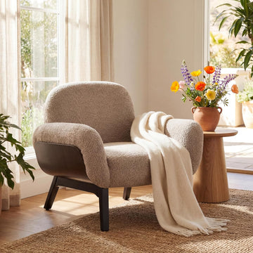 Audrey Modern Fabric Upholstered Accent Chair, Living Room Low Profile Fabric Armchair, Wooden Comfy Reading Chair