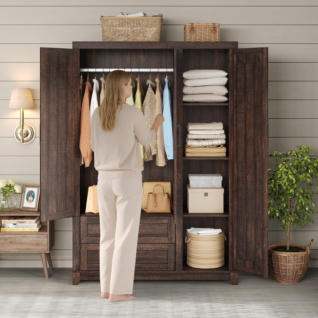 Farmhouse 3 Door Wardrobe Closet with 2 Drawers & Hanging Rod