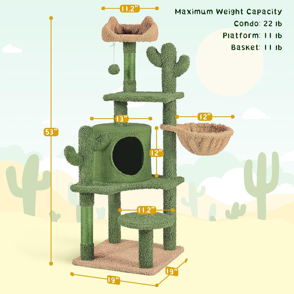 54in Green Cactus Cat Tree with Sturdy Multi-Level Platforms