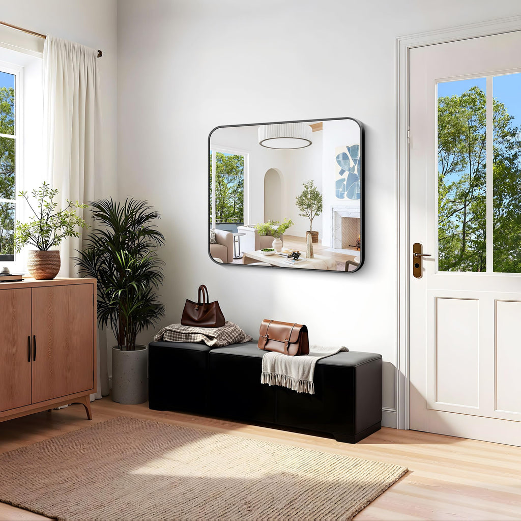 Bathroom Mirror 36"x40", Black Rectangle Mirrors for Wall, Large Metal Framed Vanity Mirror with Rounded Corner